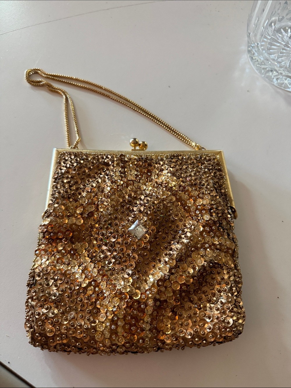 Vintage Walborg beaded bag from ‘50’s or ‘60’s. Gold, clear and brown beads.